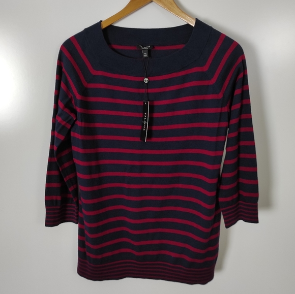 Talbots Striped Cotton Sweater Bateau Neck 3/4 Sleeve Pullover Navy XS Petite - Picture 2 of 8